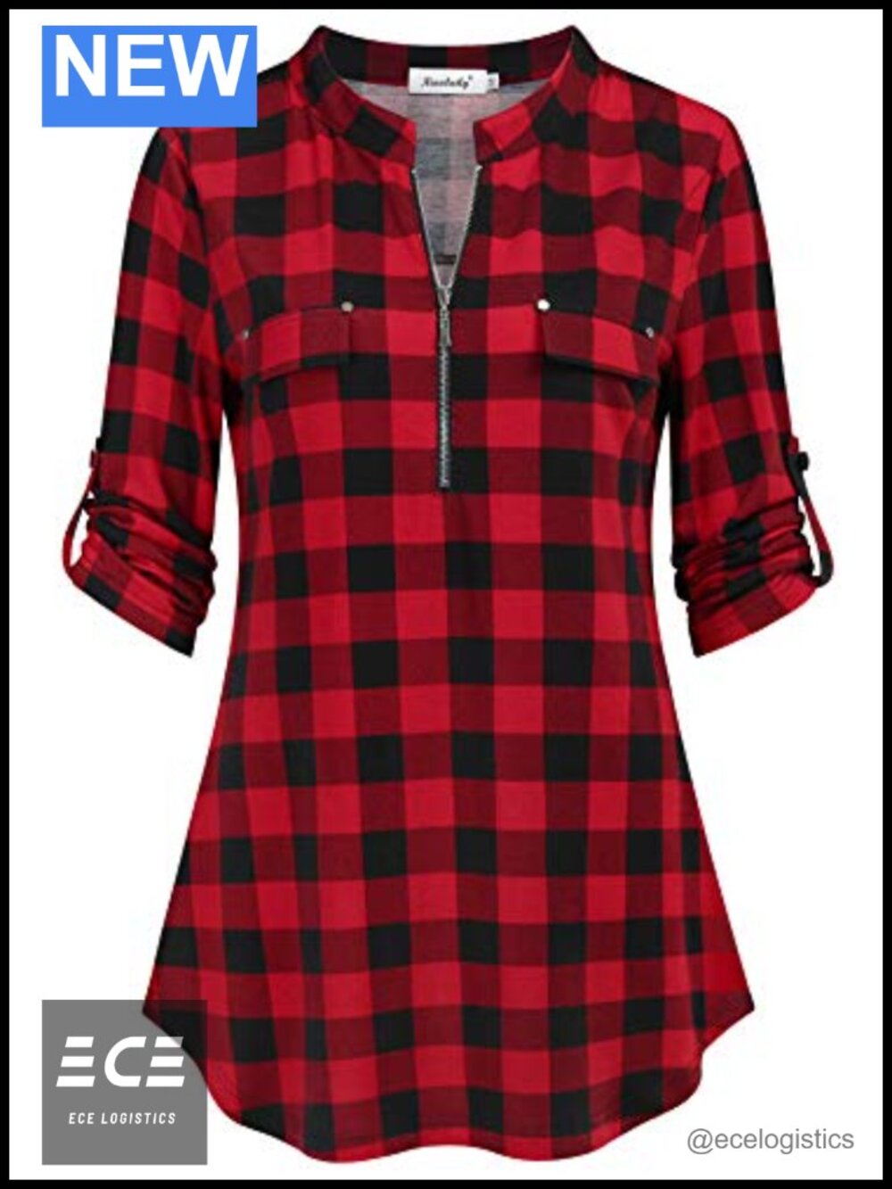 Womens Plaid Tunic Top 3/4 Sleeve Zip V-Neck Casual Blouse